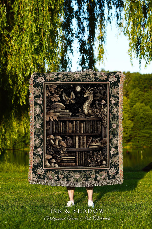 Enchanted Library Dragon Tapestry Blanket Mystical Dark Academia Bookshelf Fantasy Throw | Vintage Gothic Cottagecore Bookish Reading Nook