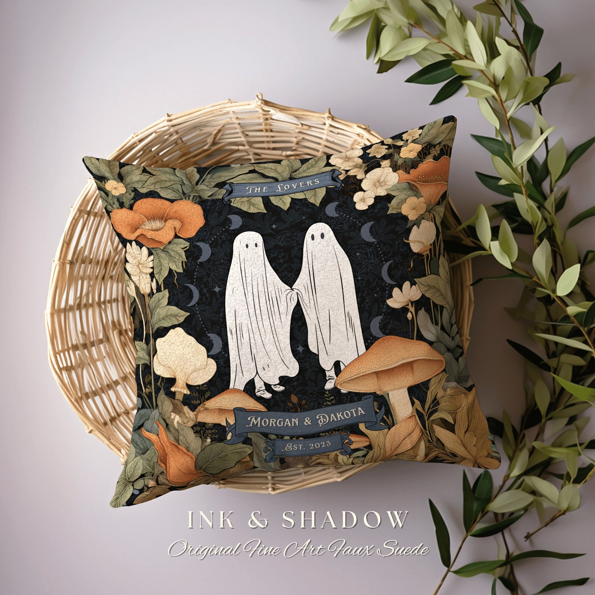 The Lovers Ghost Couple Throw Pillow | Woodland Decor Custom Anniversary Meaningful Wedding Gift for Couple Housewarming Gift Unique Couple