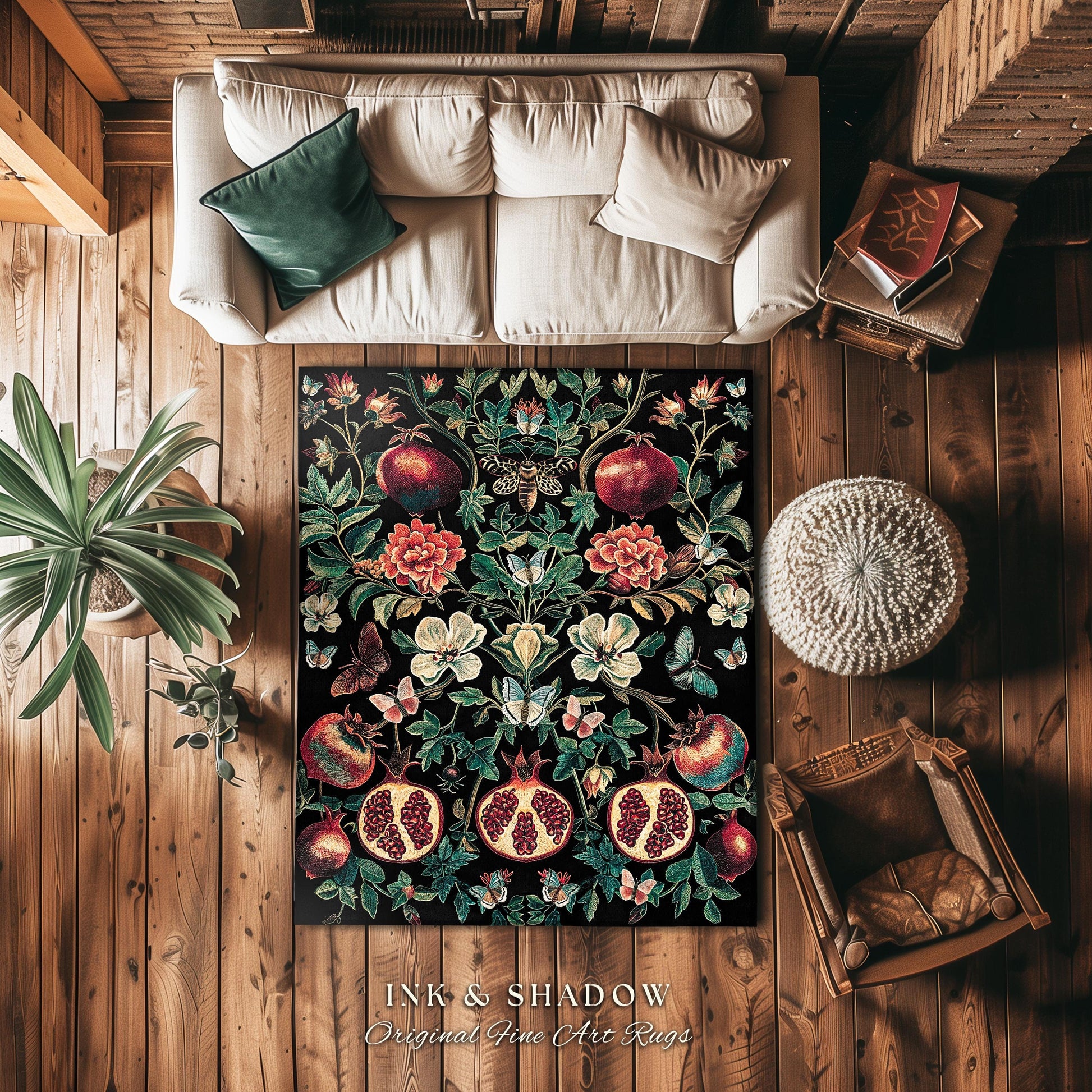 Ethereal Pomegranate Floral Forestcore Rug Enchanted Woodland Gothic Decor | Baroque Inspired Dark Academia Moth Butterfly Fairycore Art Rug