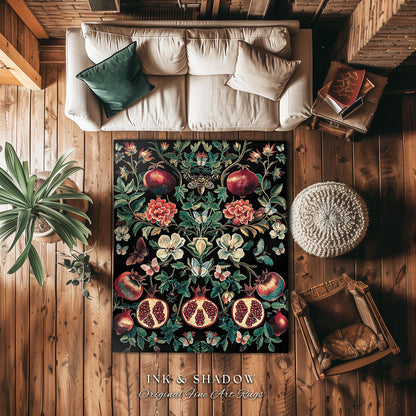 Ethereal Pomegranate Floral Forestcore Rug Enchanted Woodland Gothic Decor | Baroque Inspired Dark Academia Moth Butterfly Fairycore Art Rug