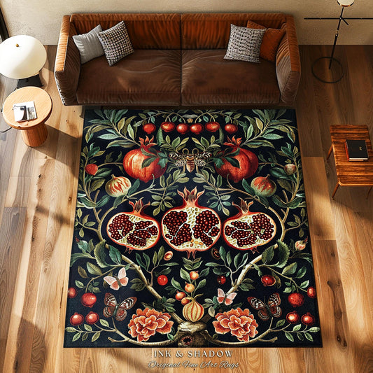 Botanical Pomegranate Enchanted Floral Whimsigothic Rug | Dark Academia Woodland Gothic Vintage Butterfly Moth Art Cottagegoth Occult Decor