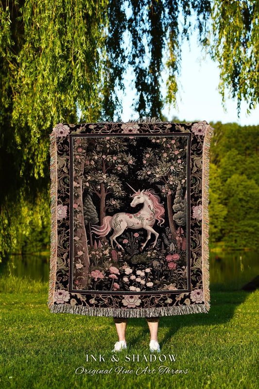 Enchanted Forest Unicorn Woven Throw Blanket Mystical Medieval Tapestry | Romantic Baroque Art Renaissance Decor Fairycore Vintage Aesthetic