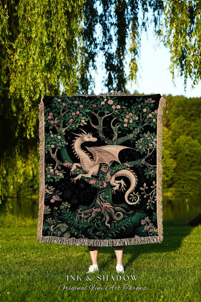 Enchanted Forest Dragon Tapestry Blanket Dark Woodland Gothic Decor | Mystical Cottagecore Aesthetic Vintage Medieval Charm Renaissance Art