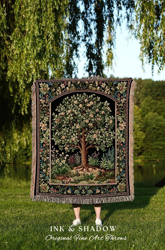 Tree Of Life Woven Blanket | William Morris Inspired Throw Botanical Tapestry Medieval Aesthetic Nordic Tapestry Renaissance Room Decor |