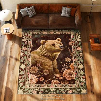 Enchanted Grizzly Bear Rug Mystical Floral Woodland Vintage Cottagecore | Forestcore Botanical Art Rustic Decor Fairycore Aesthetic Accent