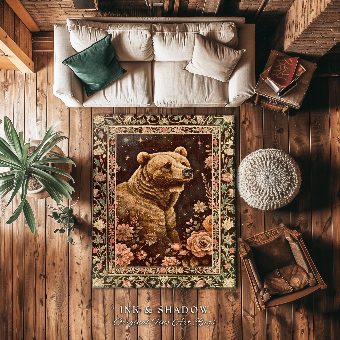 Enchanted Grizzly Bear Rug Mystical Floral Woodland Vintage Cottagecore | Forestcore Botanical Art Rustic Decor Fairycore Aesthetic Accent