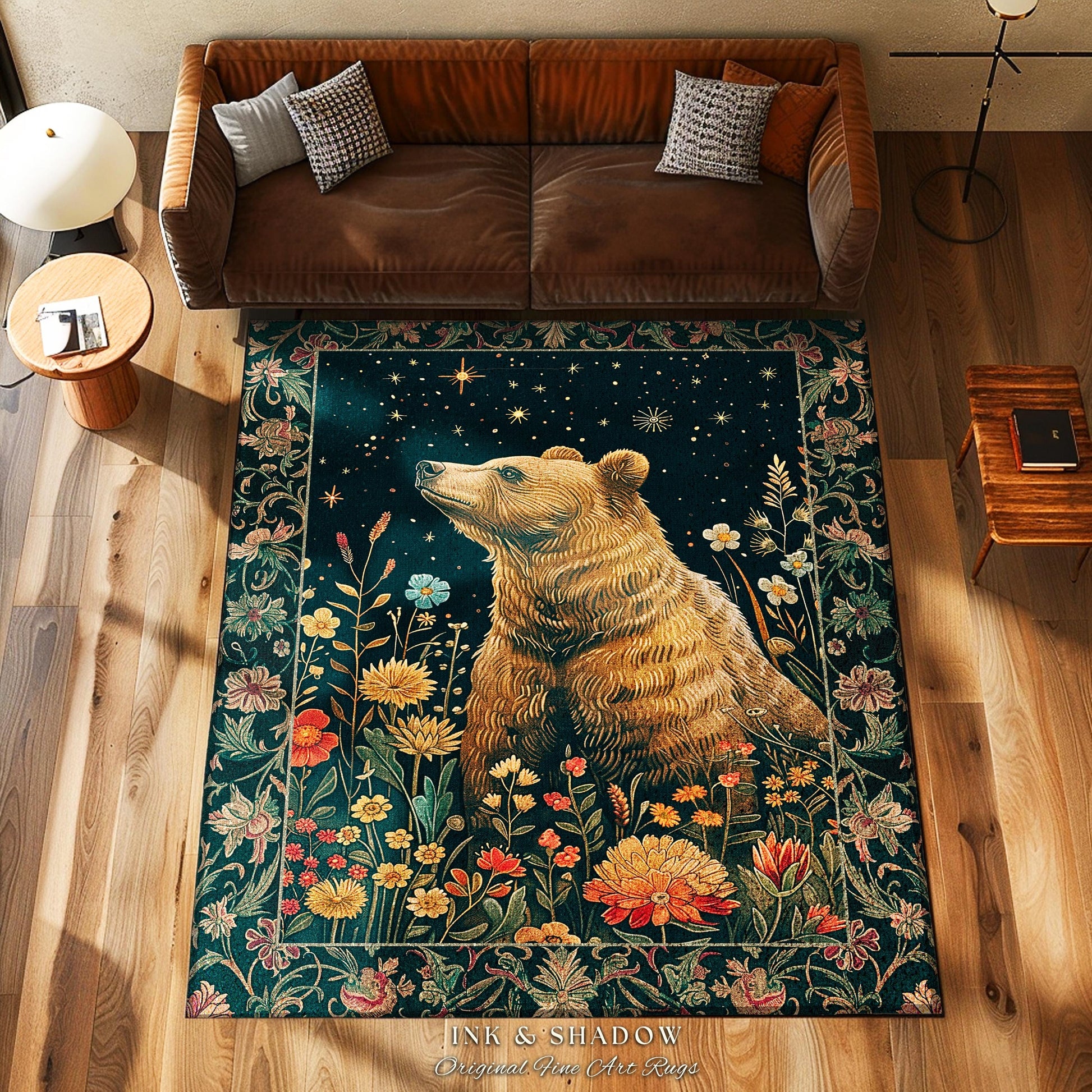 Whimsical Wildflower Starry Night Bear Rug Enchanted Forestcore Cottagegoth | Boho Cottagecore Witchy Dark Floral Wildlife Whimsigothic Art