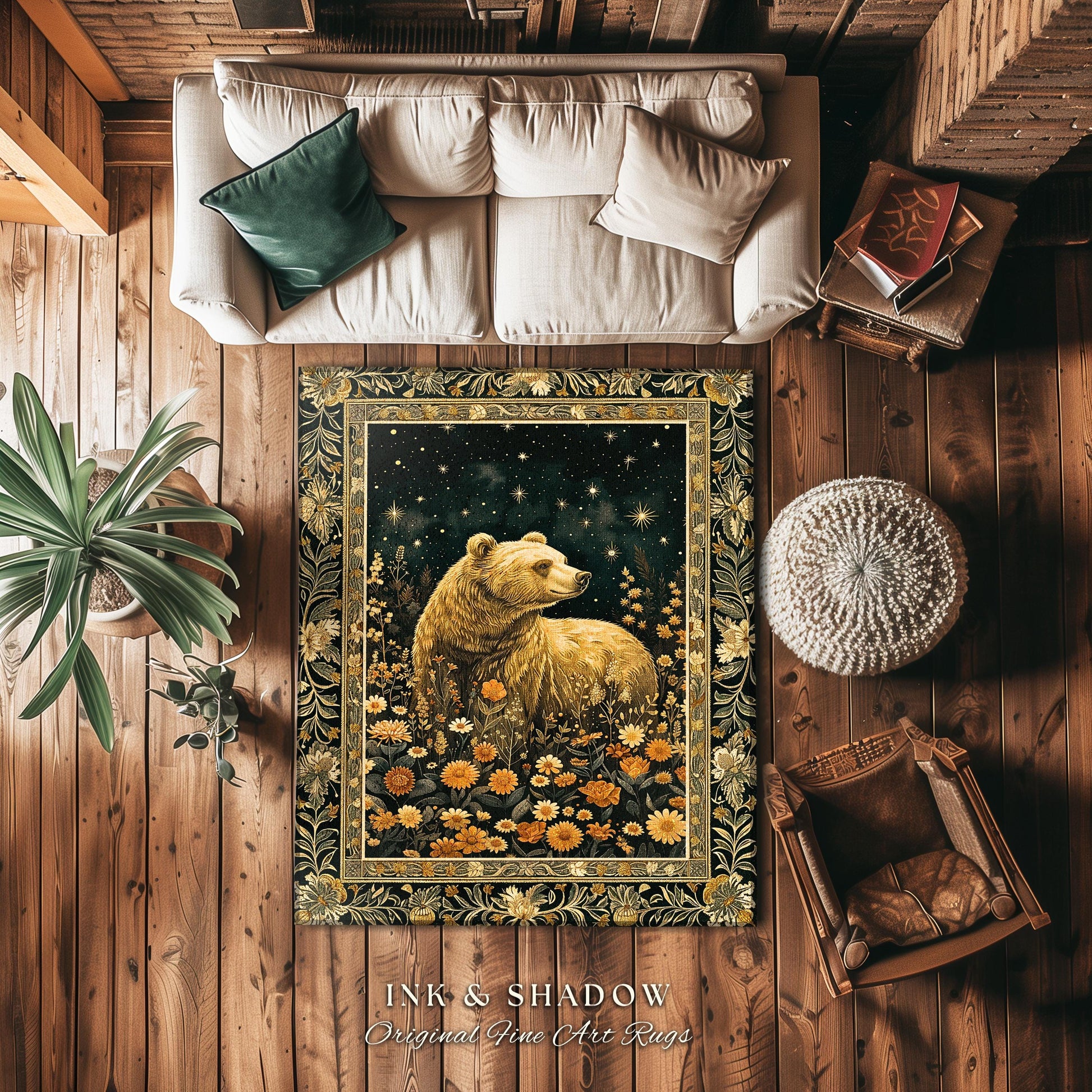 Golden Starlit Grizzly Bear Rug Mystical Meadow Whimsical Wildflower Decor | Vintage Forestcore Cottagecore Celestial Woodland Animal Art