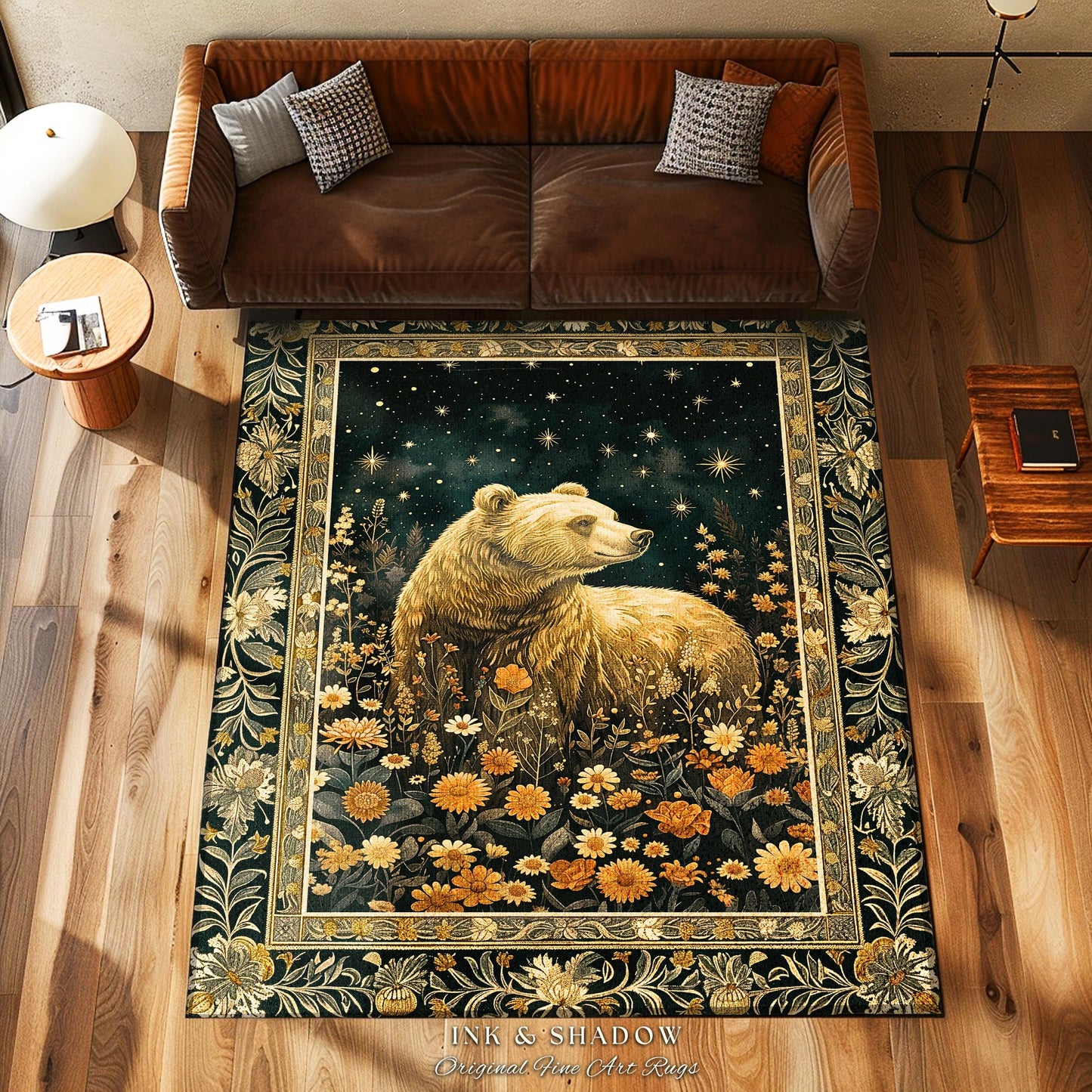 Golden Starlit Grizzly Bear Rug Mystical Meadow Whimsical Wildflower Decor | Vintage Forestcore Cottagecore Celestial Woodland Animal Art