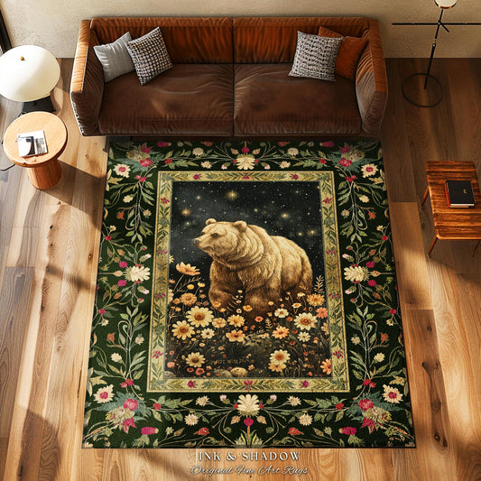 Vintage Baroque Forestcore Bear Rug Enchanted Fine Art Fairytale Dark Academia Decor | Victorian Gothic Mystical Woodland Animal Floral Rug