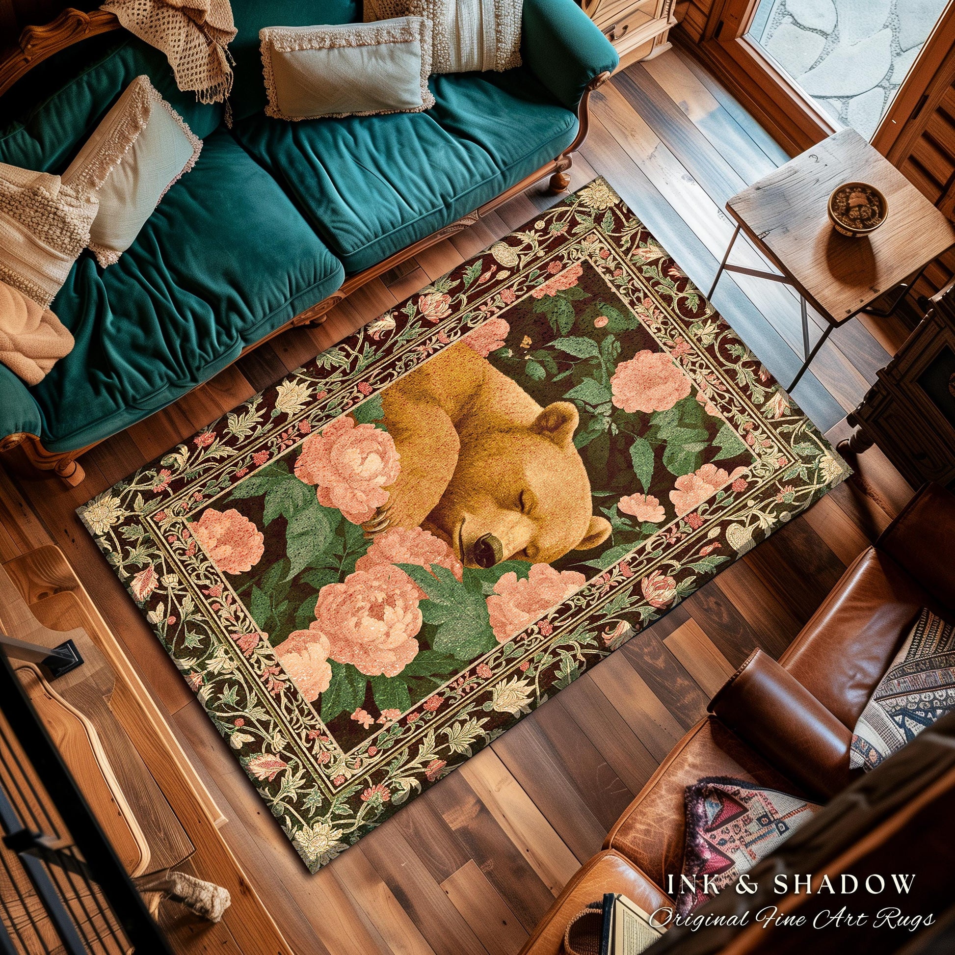 Sleeping Bear Flower Garden Rug Dreamy Vintage Whimsical Wildlife Decor | Boho Country Cottage Woodland Whimsy Floral Botanical Forestcore