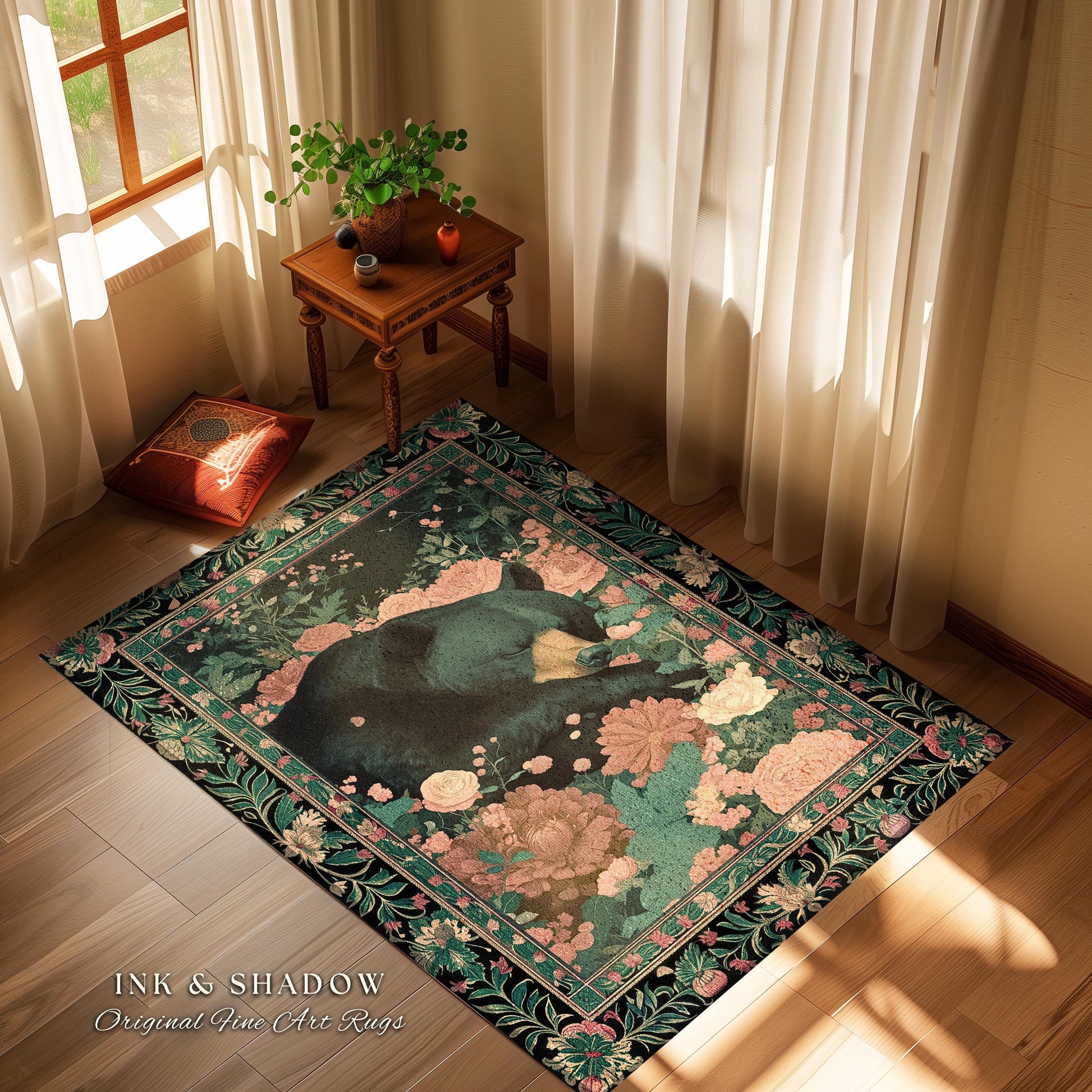 Mystical Sleeping Black Bear Rug Enchanted Floral Forestcore Art | Victorian Gothic Romantic Cottagecore Woodland Animal Wildflower Decor