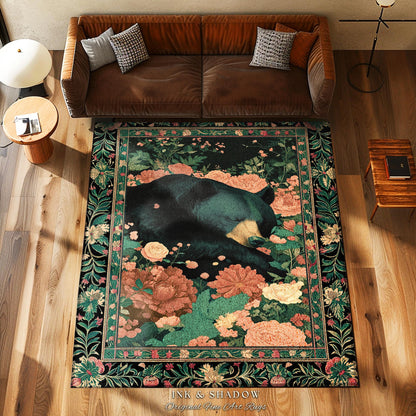 Mystical Sleeping Black Bear Rug Enchanted Floral Forestcore Art | Victorian Gothic Romantic Cottagecore Woodland Animal Wildflower Decor