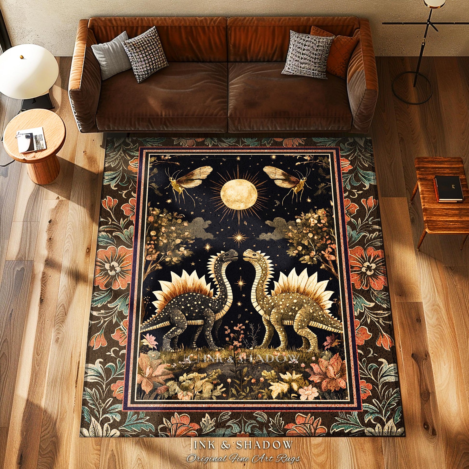 Rustic Elegance Dinosaur Decor Woodland Gothic Celestial Stegosaurus Rug Antique Baroque Aesthetic Enchanted Forestcore Art Home Accent