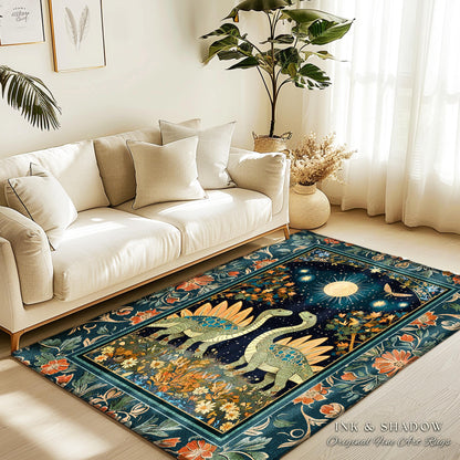 Whimsical Forestcore Mystical Dinosaur Rug Starry Night Enchanted Woodland Decor | Magic Celestial Cottagecore Stegosaurus Art Home Accent