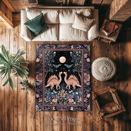 Cute Dino Whimsical Moonlit Area Rug | Moth Night Sky Ethereal Woodland Dinosaur Accent Rug Ornate Medieval Floral Vintage Dark Maximalist |