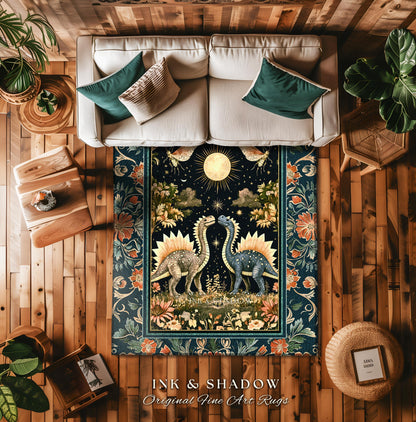 Ethereal Dino Lovers Area Rug | Whimsical Dinosaur Nursery Cushion Moth Ornate Medieval Jurassic Floral Accent Rug Dark Maximalist Art T-Rex