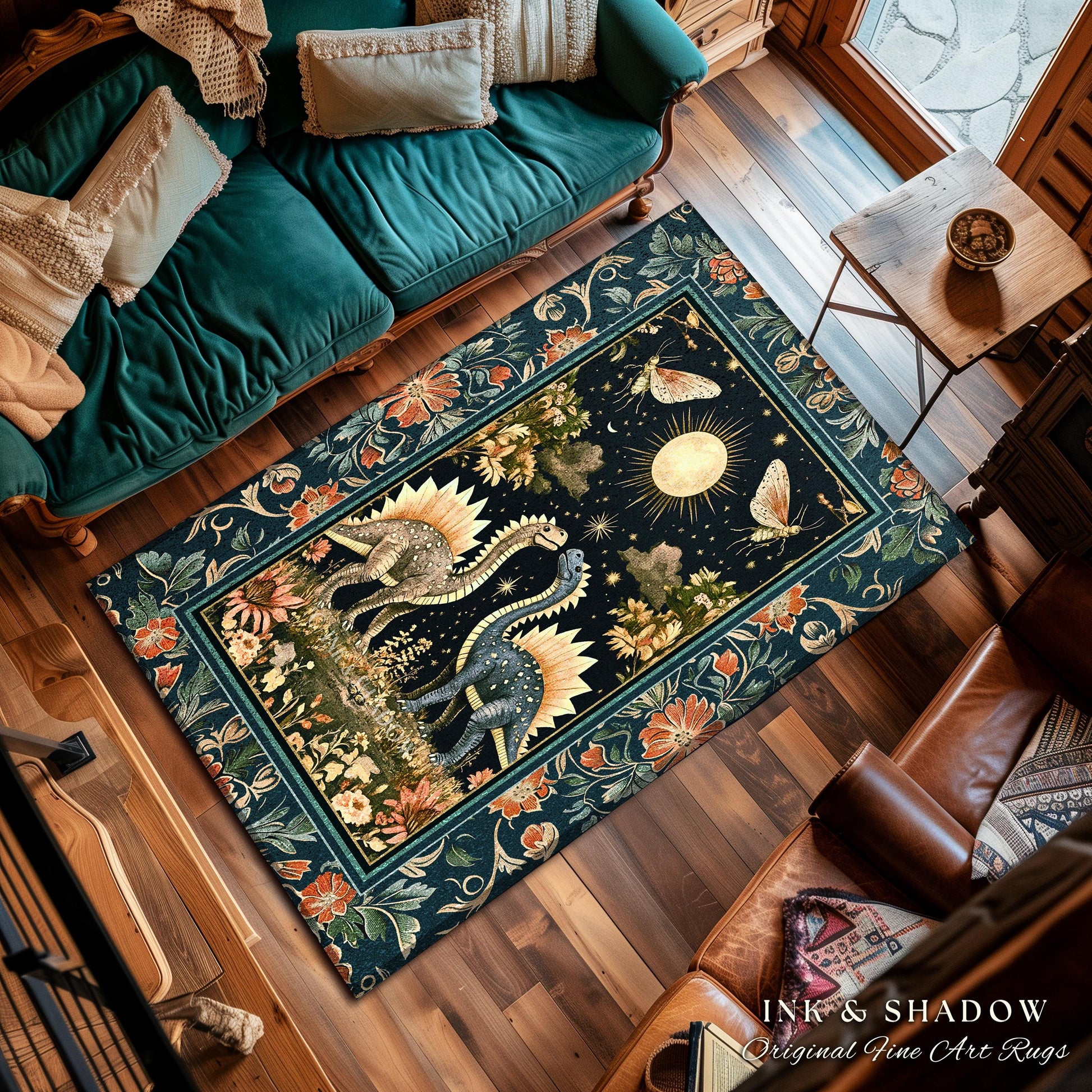Ethereal Dino Lovers Area Rug | Whimsical Dinosaur Nursery Cushion Moth Ornate Medieval Jurassic Floral Accent Rug Dark Maximalist Art T-Rex