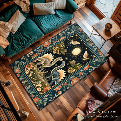 Ethereal Dino Lovers Area Rug | Whimsical Dinosaur Nursery Cushion Moth Ornate Medieval Jurassic Floral Accent Rug Dark Maximalist Art T-Rex