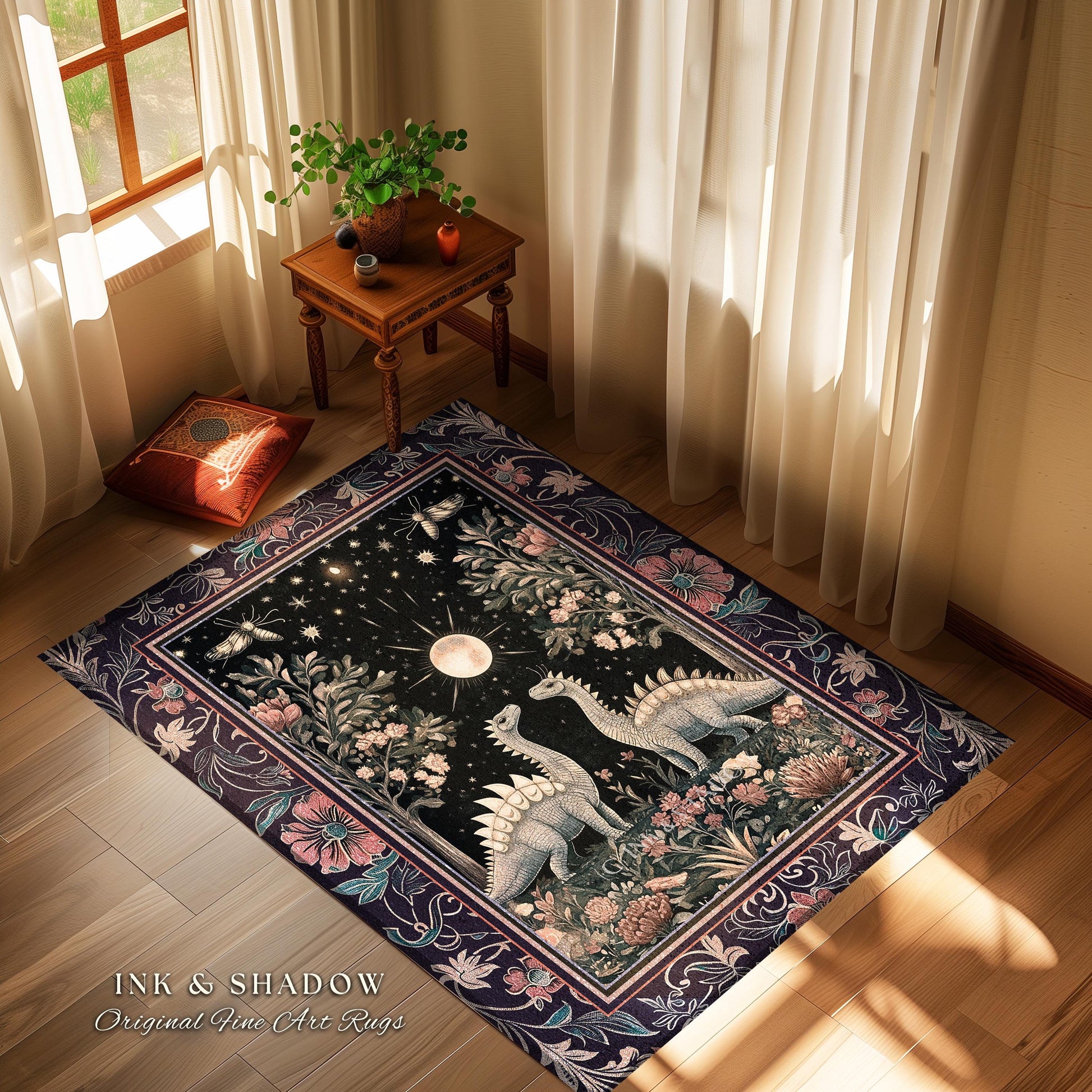 Enchanted Forest Stegosaurus Rug Celestial Dinosaur Witchy Cottagecore Whimsigoth Decor, Moonlit Woodland Gothic Floral Jurassic Forestcore