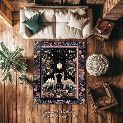 Enchanted Forest Stegosaurus Rug Celestial Dinosaur Witchy Cottagecore Whimsigoth Decor, Moonlit Woodland Gothic Floral Jurassic Forestcore