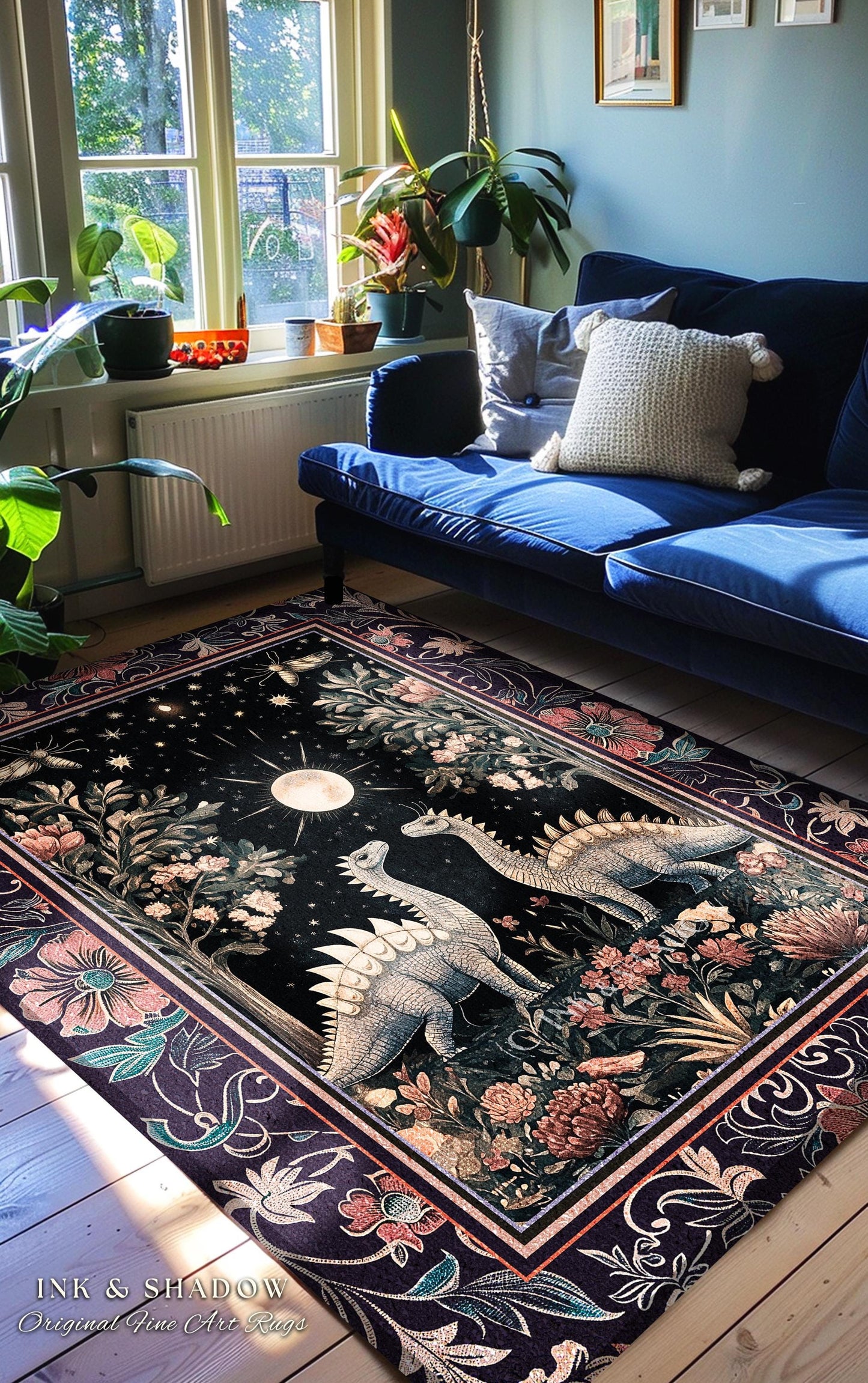 Enchanted Forest Stegosaurus Rug Celestial Dinosaur Witchy Cottagecore Whimsigoth Decor, Moonlit Woodland Gothic Floral Jurassic Forestcore