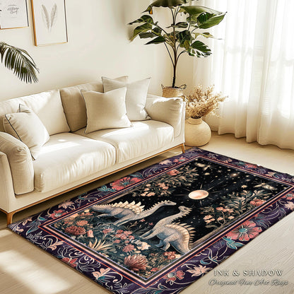 Enchanted Forest Stegosaurus Rug Celestial Dinosaur Witchy Cottagecore Whimsigoth Decor, Moonlit Woodland Gothic Floral Jurassic Forestcore