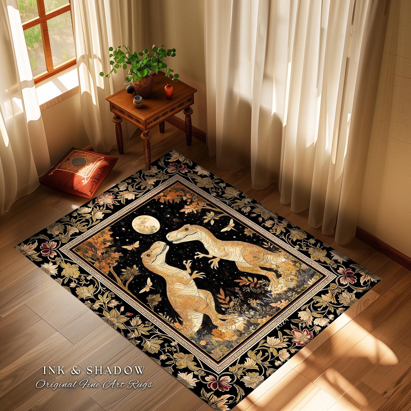 Regal Dinosaur Lovers Rug Antique Gold Baroque Botanical Moonlit Night Decor | Dark Academia Celestial T-Rex Art Ornate Whimsigothic Accent