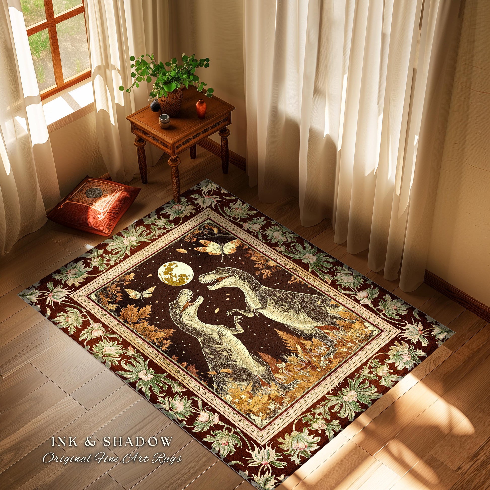 Baroque Dinosaur Rug Ornate Medieval Botanical Nightscape Art | Vintage Dark Academia Woodland Gothic T-Rex Enchanted Forest Fantasy Decor