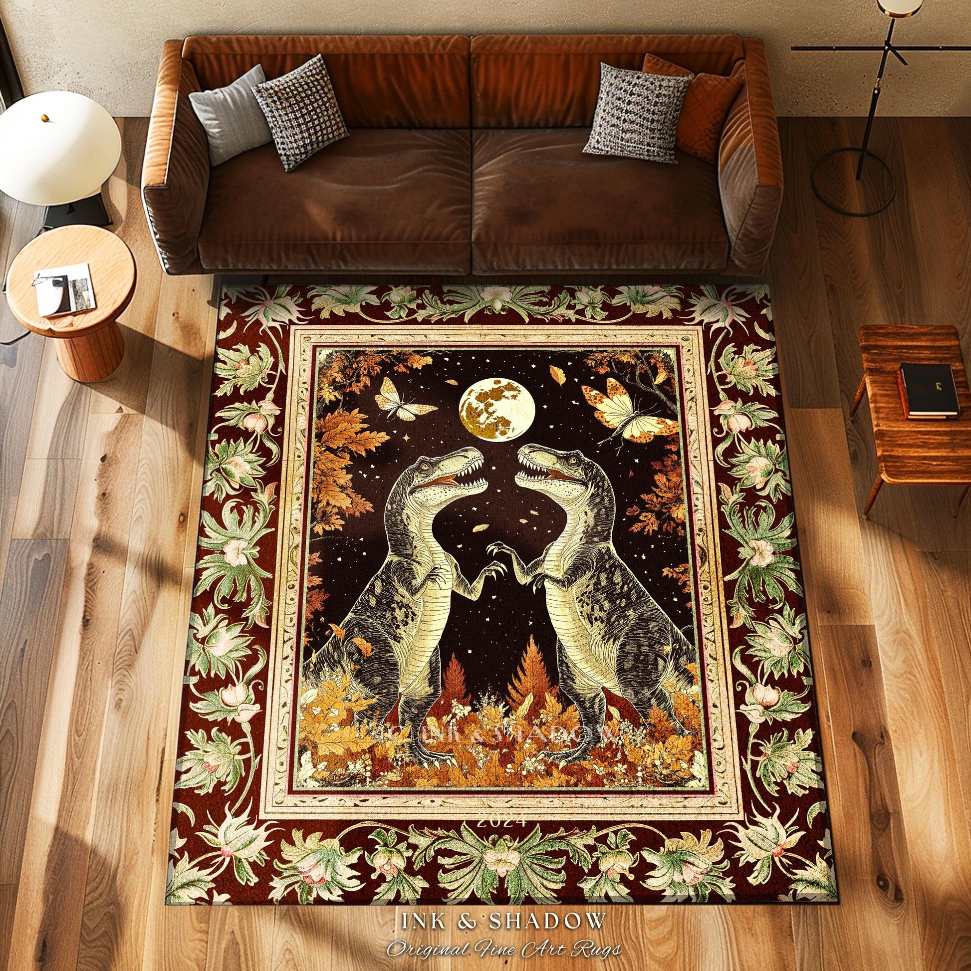 Baroque Dinosaur Rug Ornate Medieval Botanical Nightscape Art | Vintage Dark Academia Woodland Gothic T-Rex Enchanted Forest Fantasy Decor