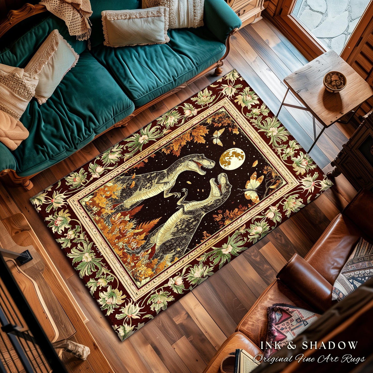 Baroque Dinosaur Rug Ornate Medieval Botanical Nightscape Art | Vintage Dark Academia Woodland Gothic T-Rex Enchanted Forest Fantasy Decor