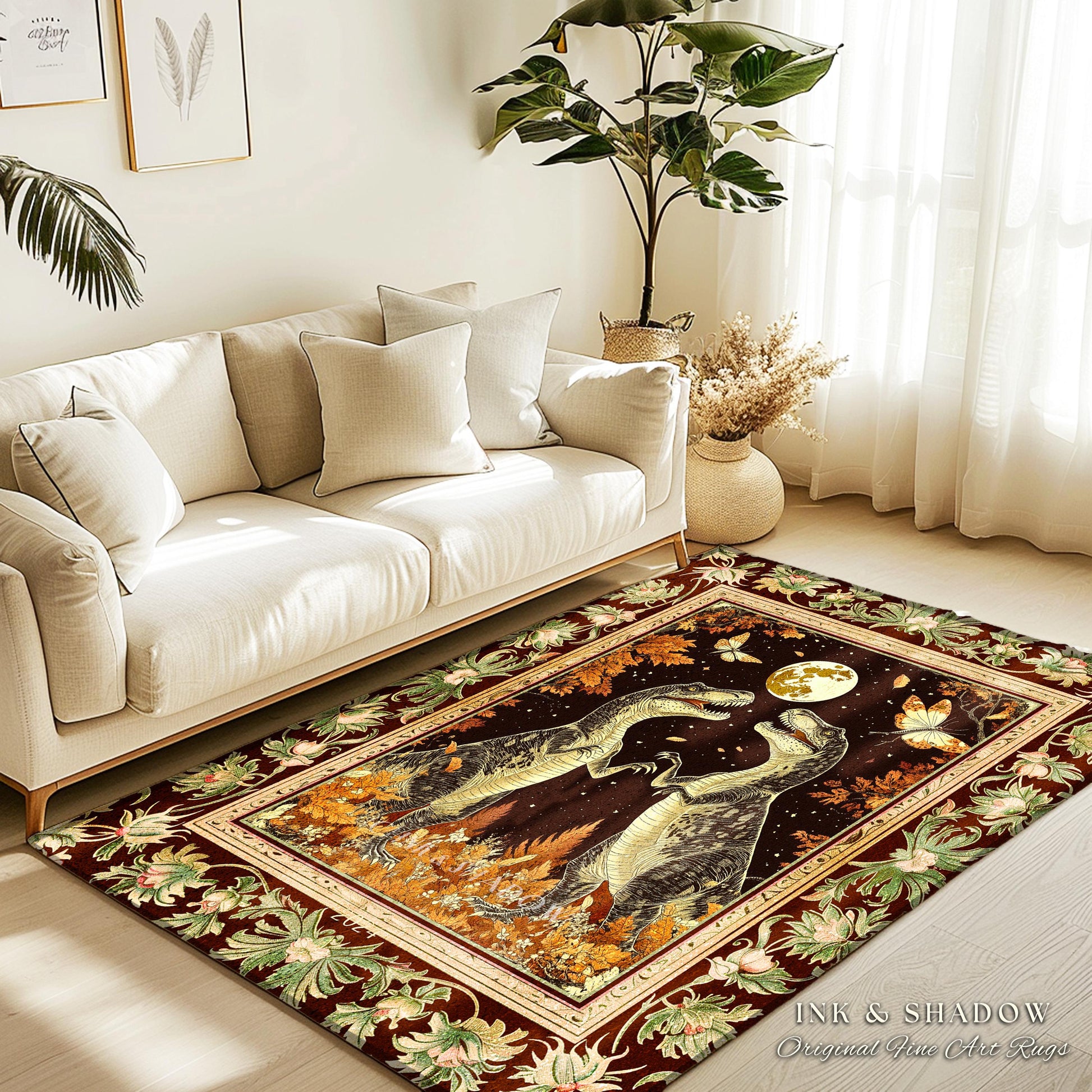 Baroque Dinosaur Rug Ornate Medieval Botanical Nightscape Art | Vintage Dark Academia Woodland Gothic T-Rex Enchanted Forest Fantasy Decor