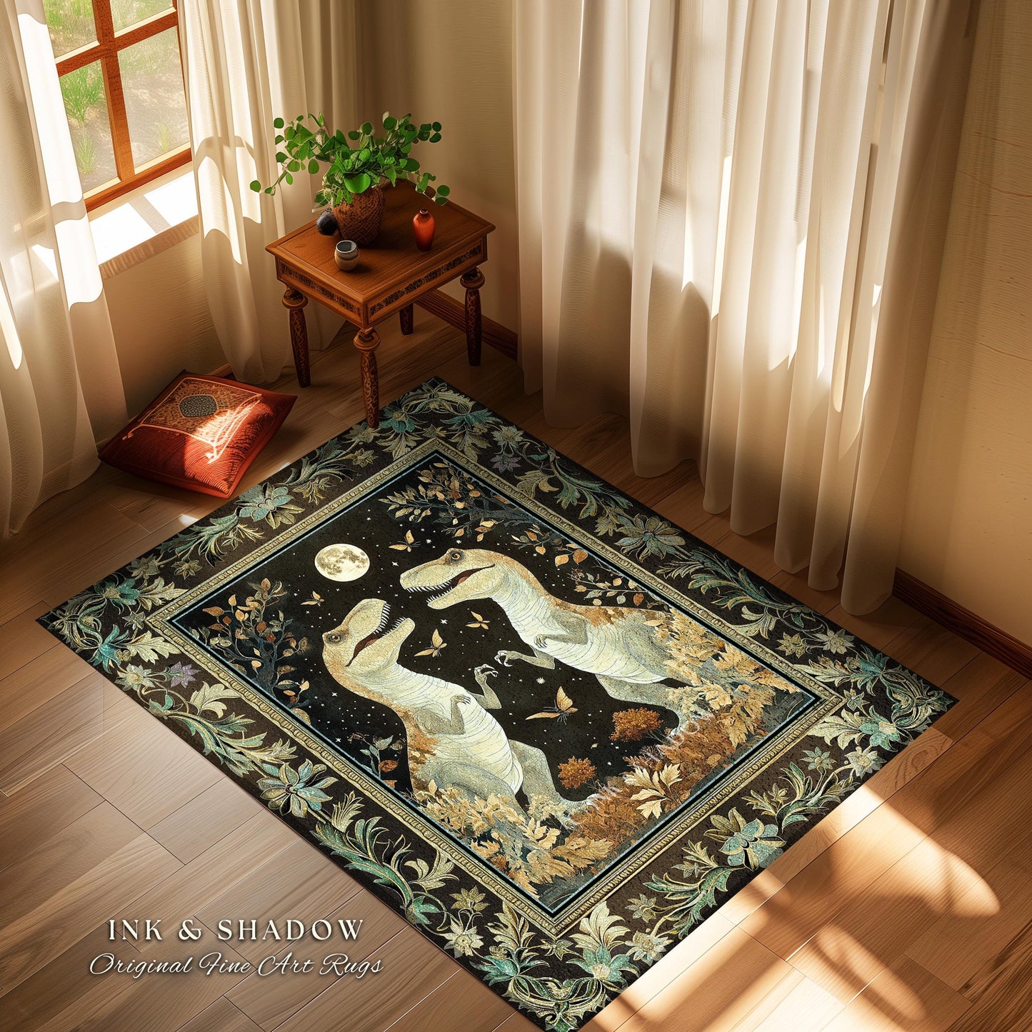 Mystical T-Rex Rug Celestial Night Enchanted Forest Decor | Whimsical Dark Woodland Whimsy Vintage Dinosaur Art Fantasy Forestcore Accent