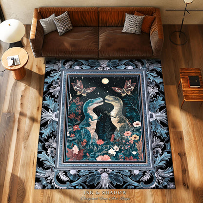 Celestial T-Rex Dinosaur Rug Enchanted Night Garden Moonlit Witchy Cottagecore, Vintage Indigo Blue Whimsigoth Whimsical Jurassic Forestcore