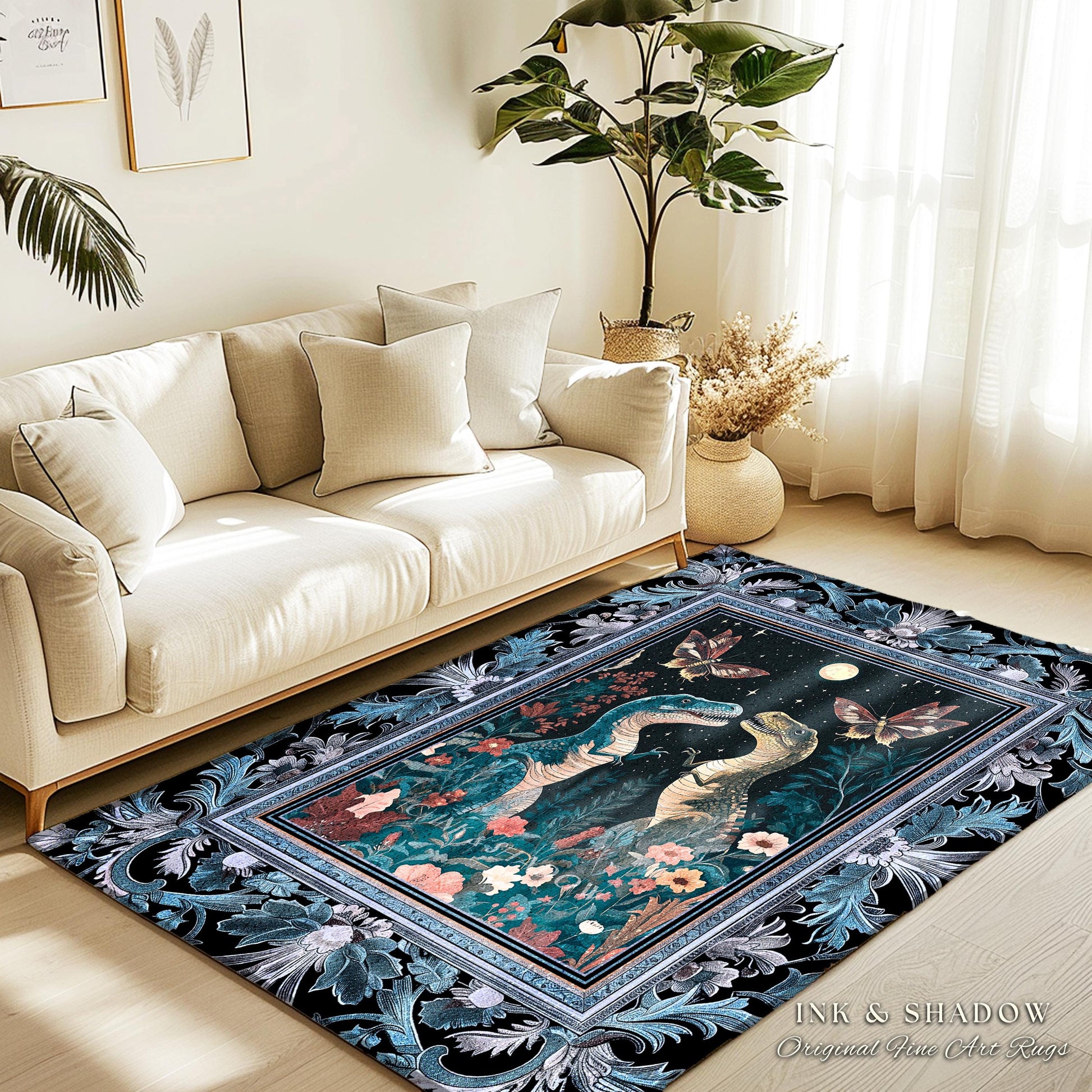 Celestial T-Rex Dinosaur Rug Enchanted Night Garden Moonlit Witchy Cottagecore, Vintage Indigo Blue Whimsigoth Whimsical Jurassic Forestcore