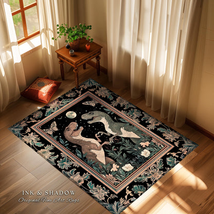 T-Rex Whimsical Academia Area Rug | Dinosaur Accent Rug Ornate Medieval Nightscape Vintage Dark Woodland Gothic Moonlit Moth Bedroom Cute |