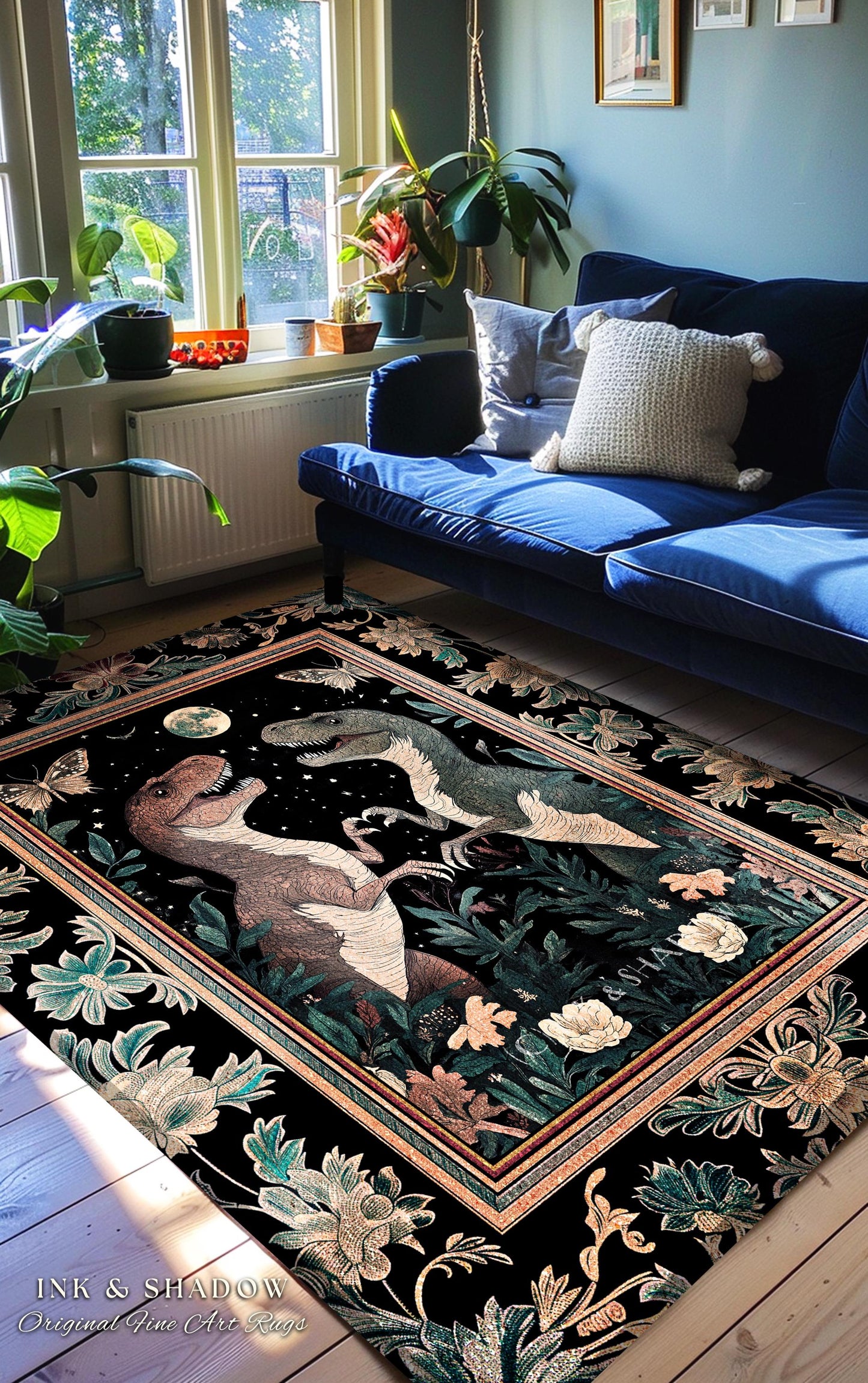 T-Rex Whimsical Academia Area Rug | Dinosaur Accent Rug Ornate Medieval Nightscape Vintage Dark Woodland Gothic Moonlit Moth Bedroom Cute |
