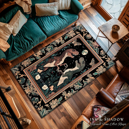T-Rex Whimsical Academia Area Rug | Dinosaur Accent Rug Ornate Medieval Nightscape Vintage Dark Woodland Gothic Moonlit Moth Bedroom Cute |