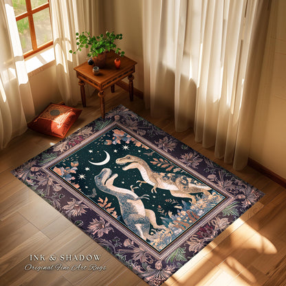 Whimsigoth Dinosaur Rug Celestial T-Rex Starry Night Decor, Mystic Jurassic Forest Fairycore Enchanted Woodland Witchy Magic Cottagecore Art