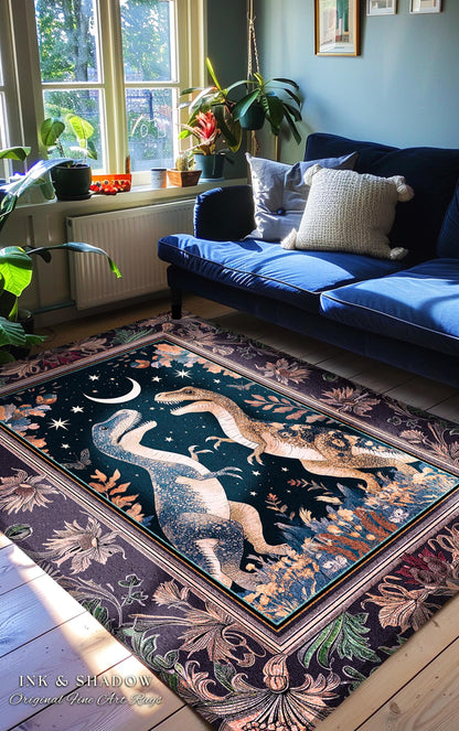 Whimsigoth Dinosaur Rug Celestial T-Rex Starry Night Decor, Mystic Jurassic Forest Fairycore Enchanted Woodland Witchy Magic Cottagecore Art