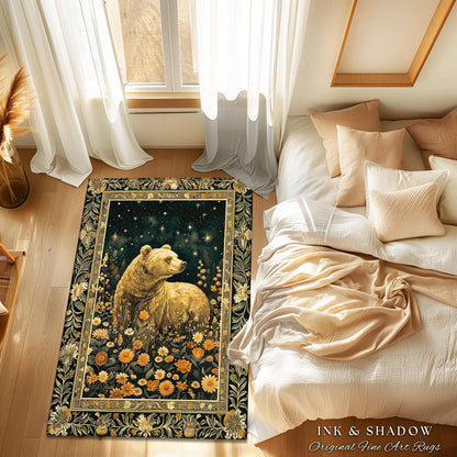 Golden Starlit Grizzly Bear Rug Mystical Meadow Whimsical Wildflower Decor | Vintage Forestcore Cottagecore Celestial Woodland Animal Art