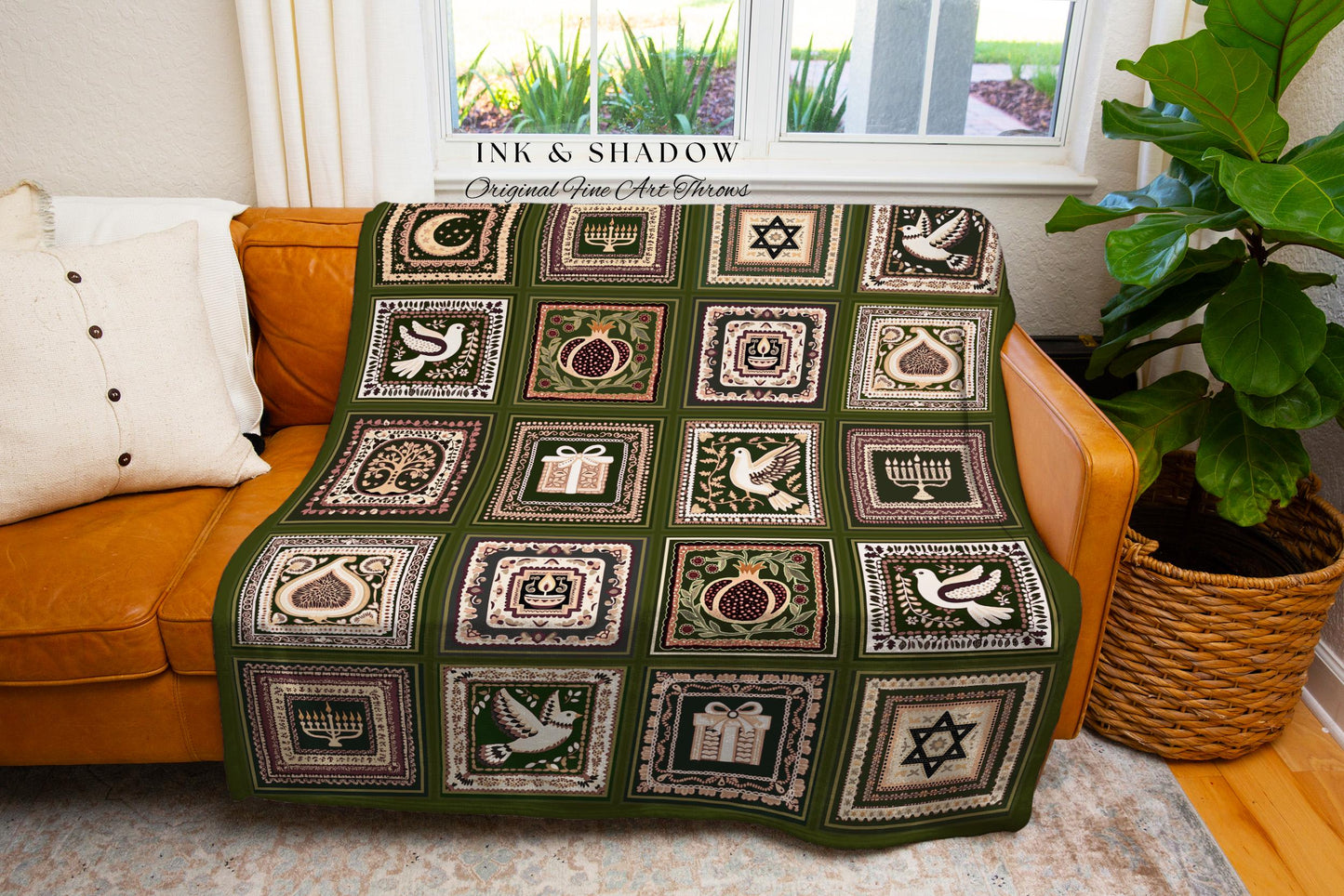 Rustic Judaica Heritage Blanket Folk Art Vintage Olive Green & Cream Checkered Tapestry Throw Cozy Jewish Home Decor Hanukkah Keepsake Gift