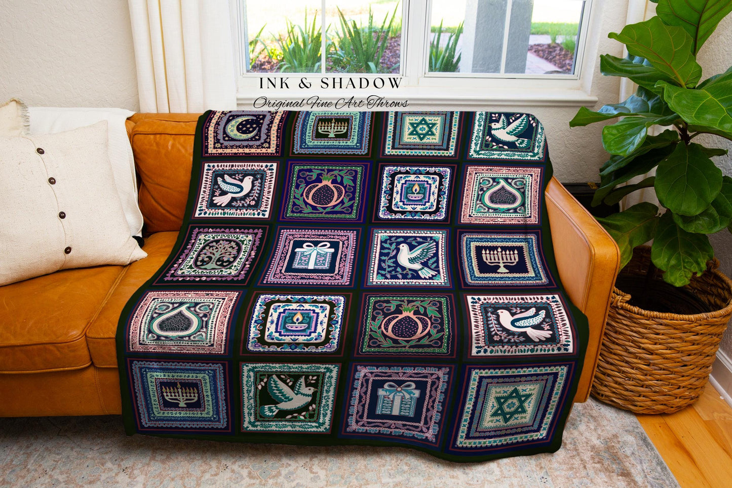 Bohemian Jewish Folk Art Blanket Eclectic Hanukkah Heritage Tapestry Patchwork Throw | Boho Cottagecore Judaica Star of David Menorah Decor