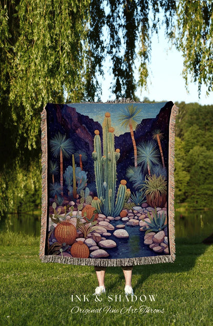 Bohemian Desert Cactus Woven Throw Blanket Nature Tapestry | Dark Cottagecore Blanket Mystic Landscape Desert Night Cactus Art Tapestry