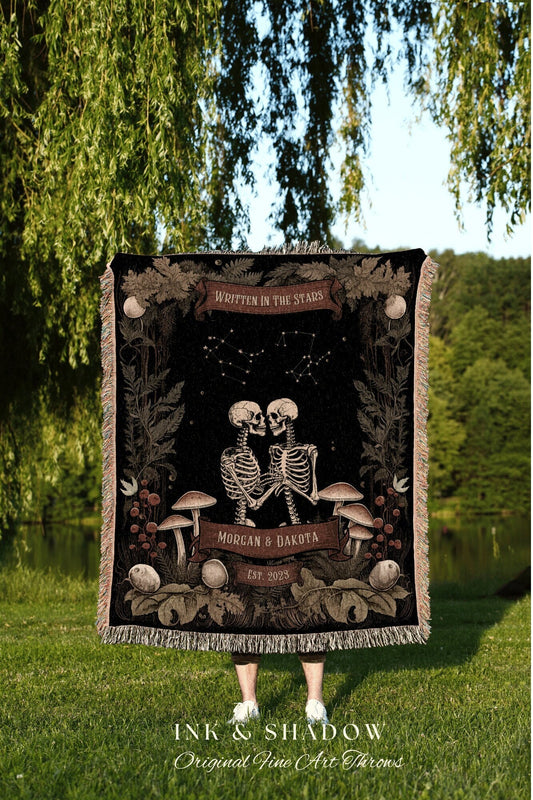 Gothic Couples Constellation Blanket | Cottagecore Wedding Couple Woven Throw Skeleton Couple Astrology Personalized Woodland Throw Blanket