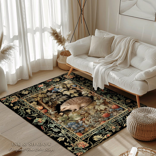 Hedge Hog Lover Botanical Rug | Forestcore Decor Cottagecore Reading Corner Accent Rug Dark Fairycore Room Mystical Woodland Hedgehog Gift |