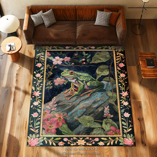 Ethereal Woodland Frog Rug | Floral Cottagecore Aesthetic Living Room Home Decor Frog Lover Gift Goblincore Floor Mat Whimsical Toad |