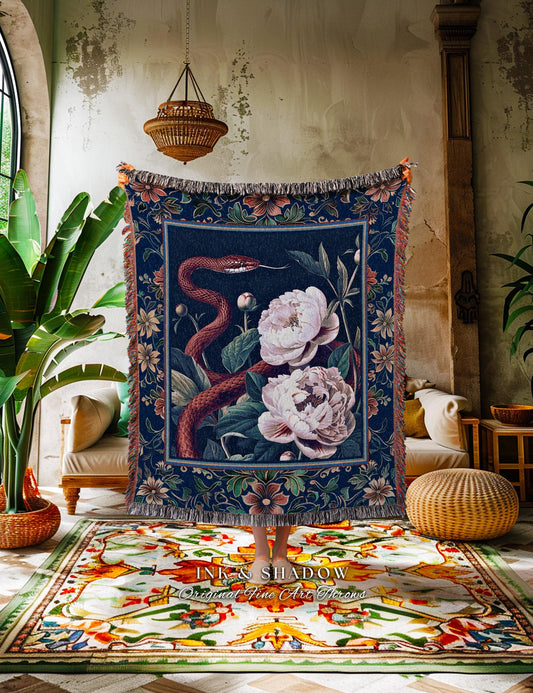 Moody Dark Botanical Serpent Enchanted Floral Tapestry Blanket Exotic Gothic Decor | Ethereal Woodland Snake Victorian Art Nouveau Throw