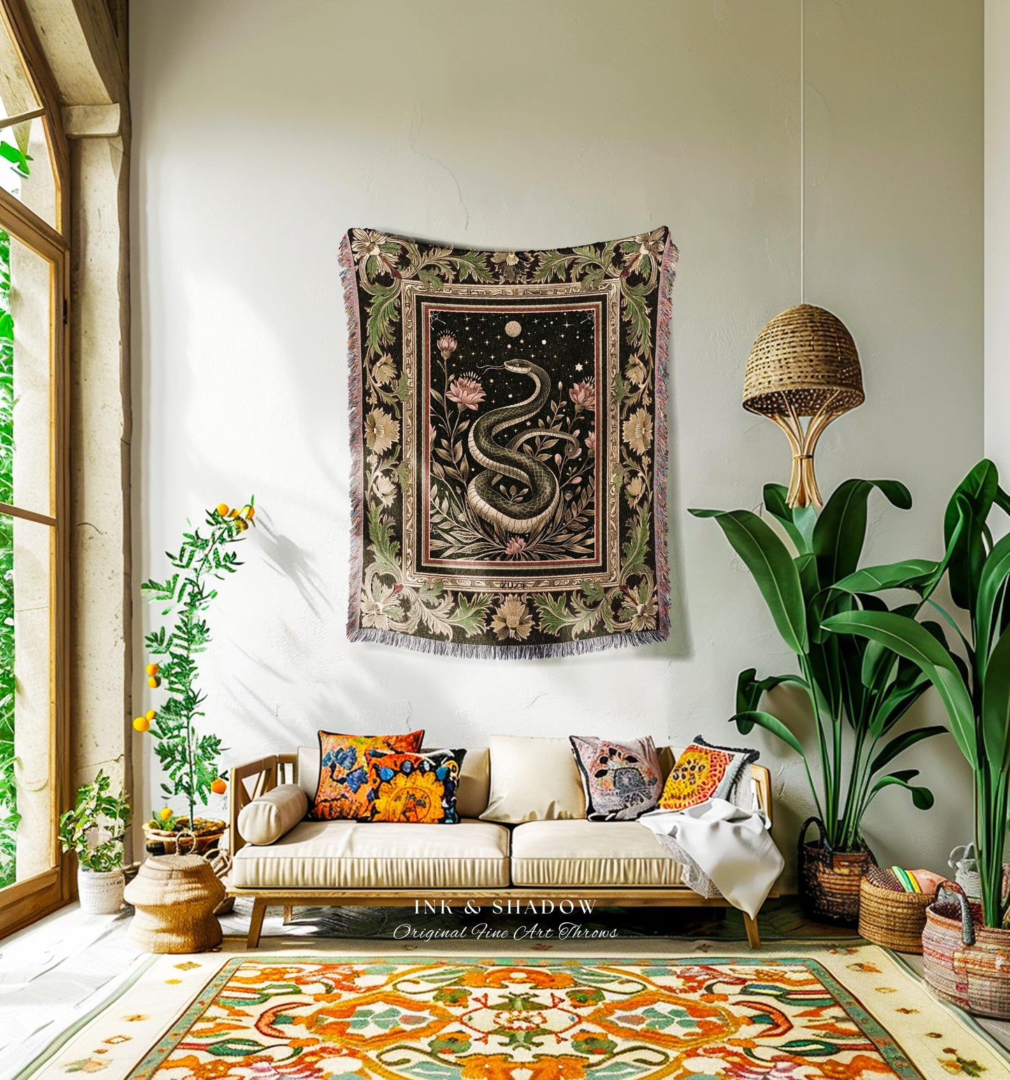 Celestial Serpent Woven Tapestry Throw Enchanted Floral Gothic Blanket | Mystical Moonlit Medieval Snake Art Dark Academia Vintage Baroque