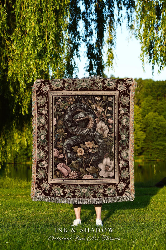 Soft Cottagecore Serpent Art Enchanted Forest Floral Snake Tapestry Blanket | Woodland Fairycore Goblincore Decor Whimsical Wildflower Throw